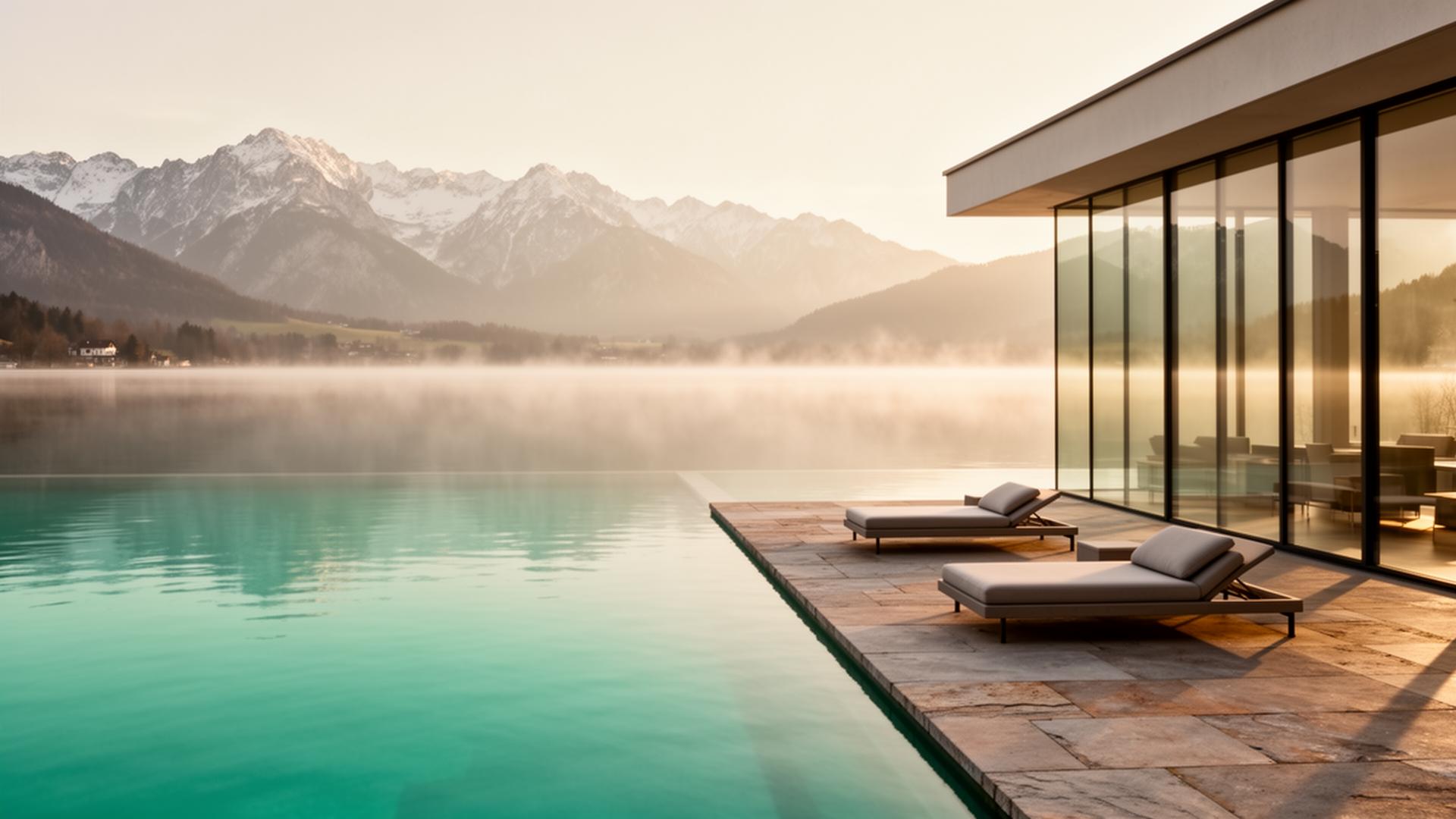 Moderne Villa am Wörthersee mit Infinity-Pool und Karawanken im Hintergrund