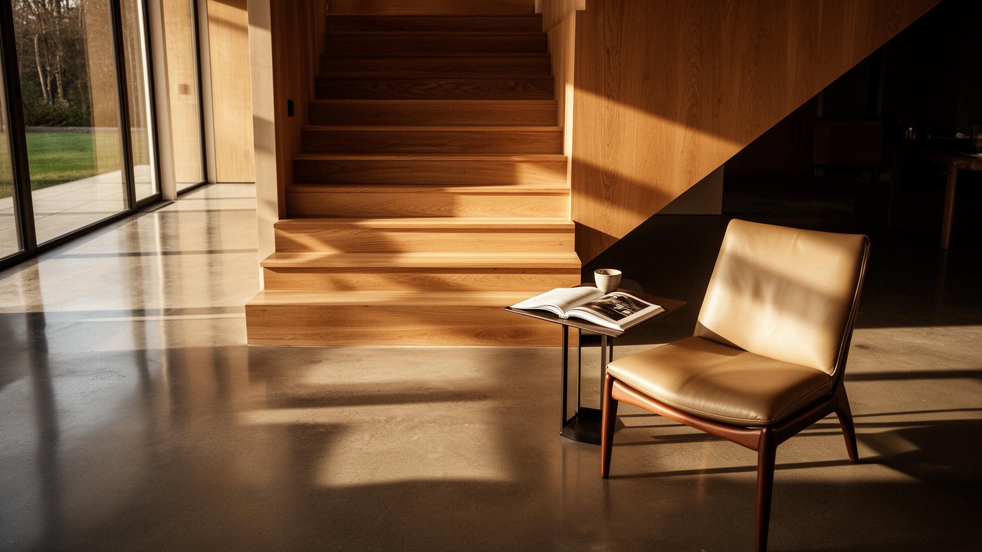 Detailaufnahme moderner Wohnraum mit Eichenholztreppe und Designersessel