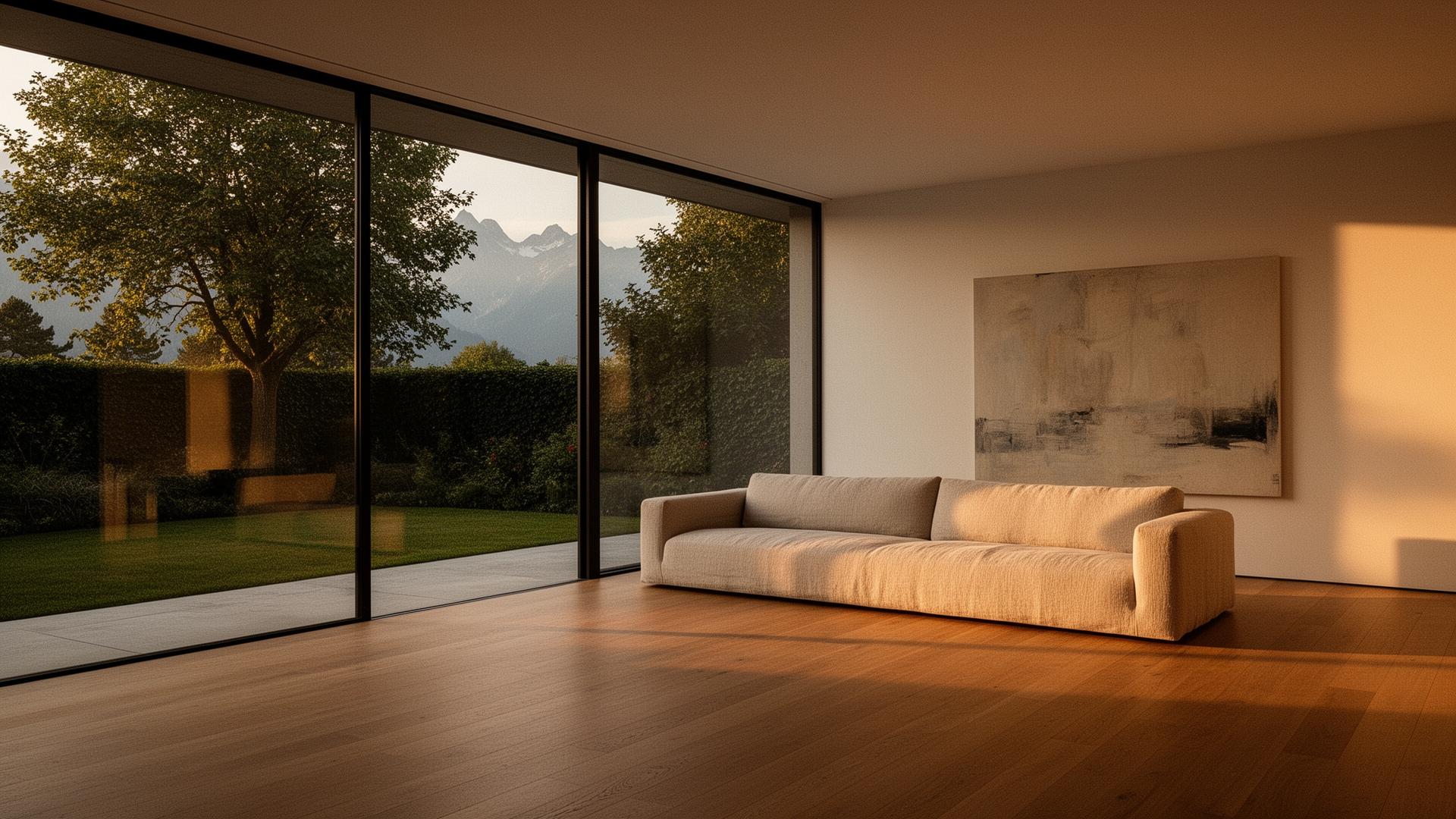 Minimalistisches Wohnzimmer mit Blick auf Garten und Alpen im Abendlicht